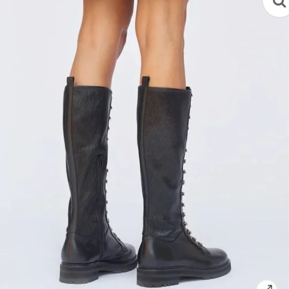 Cecelia New York Gold Chain Lace Knee High Tiny Leather Boot 8.5 Black